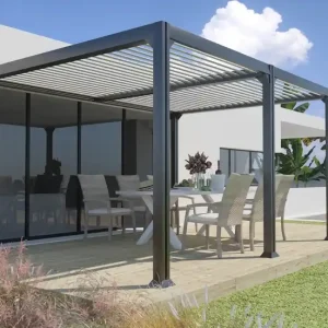 Pergola bioclimatique adossée 4×3 autoportante toit plat aluminium MADISON – Couleurs du monde