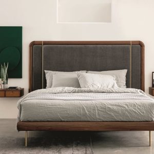Lit Killian – 180 cm – Noyer & tissu gris