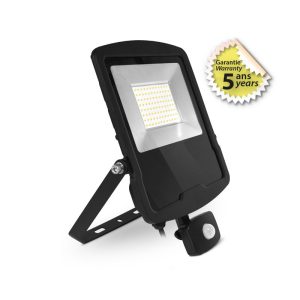 PROJECTEUR LED NOIR + DÉTECTEUR 70W 3000K IP65 GARANTIE 5 ANS